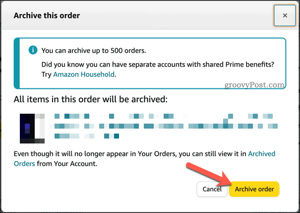 Confirming order archiving on Amazon