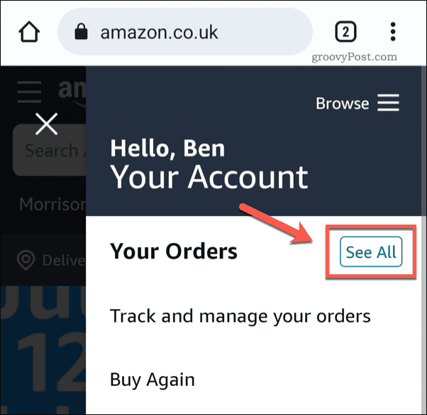 See all orders on Amazon mobile